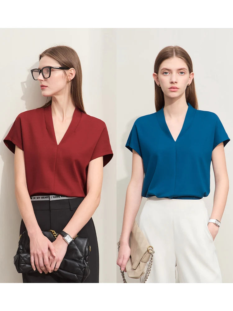 AMII Minimalism 2023 Summer Women's T-shirt Classic Style Casual V-neck Short Sleeve Solid Stretch Female Tops & Tees 12312013