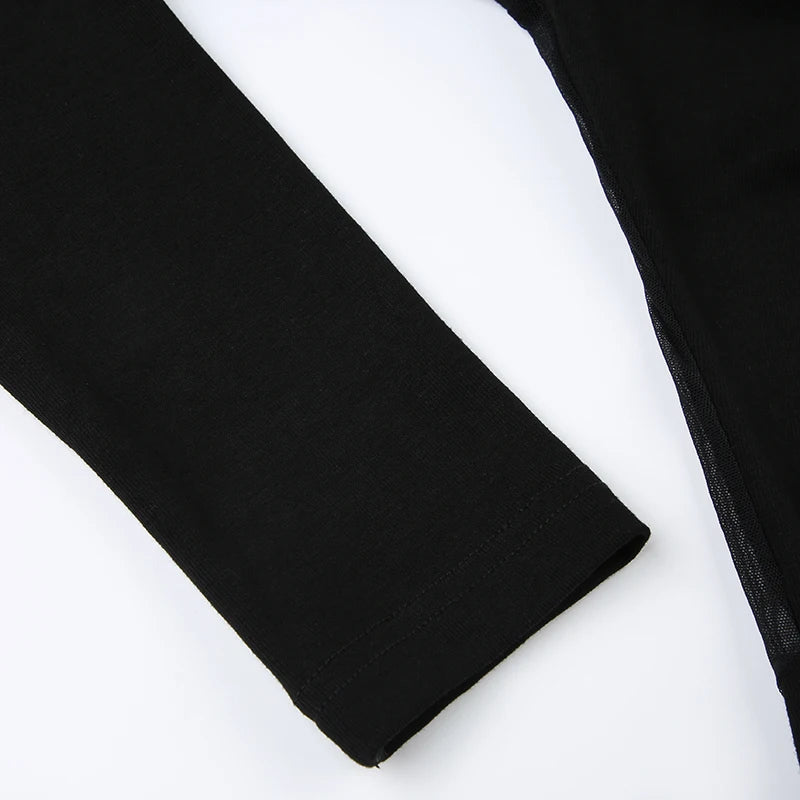 HEYounGIRL Gothic See Through Back Butterfly Print Rhinestone Bodysuit V-neck Long Sleeve Black Sexy Bodsuit Top Street Wear