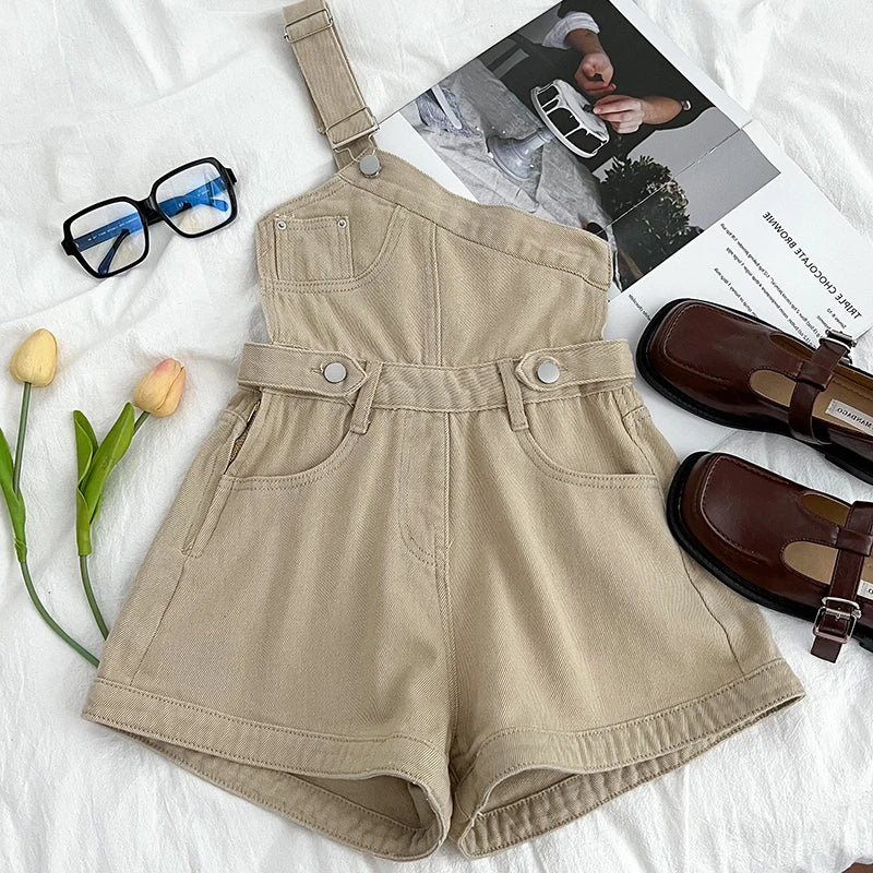 Casual Denim Jumpsuits Women Spring Summe Retro Short  Fashion  One-shoulder Wide Leg Pants 2024 New Cool Girls Streetwear