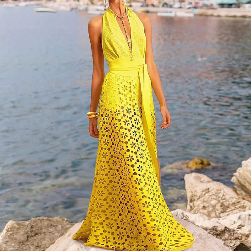 Sexy Deep V Neck Women Swimwear Yellow Color Laser Cutting Flower Hollow One Piece Swimsuit Women Backless Monokini Bathing Suit