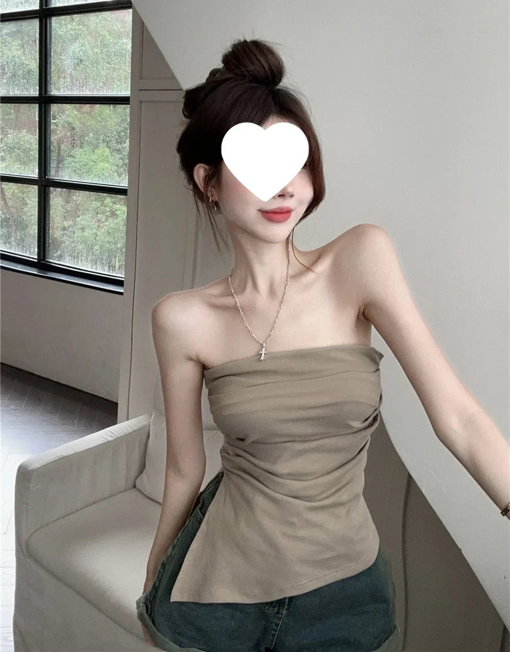 Sexy Open-Back Strapless Sleeveless T-Shirt Women's Spring Autumn Slimming Grey Top Cropped Outer Wear Base Wrap Chest