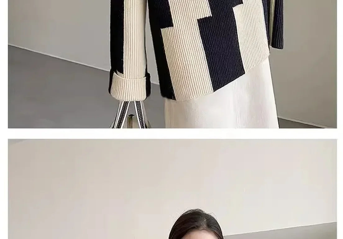 High-crowned Lazy Style Black White Stripe Wool Coat Women Autumn Winter Outdoor Warm Soft Cover Knitted Top Thick