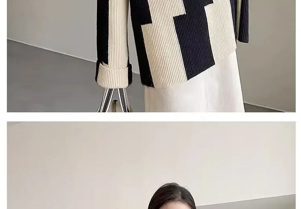High-crowned Lazy Style Black White Stripe Wool Coat Women Autumn Winter Outdoor Warm Soft Cover Knitted Top Thick