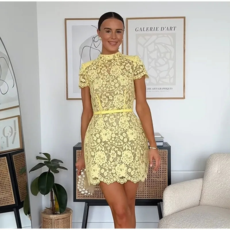 Chic Butter Yellow Lace Print Mini Dress Women's Elegant Short Sleeve O-neck High Waist Gowns 2025 Lady Holidays Street Vestidos