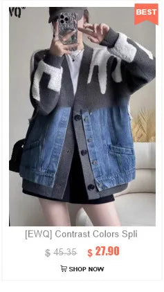 [EWQ] Big Size Long Sleeve Hooded Zipper Decorate Blue Knit Cardigan Women Thick Sweater Jacket 2024 Autumn New Fashion 16O2559