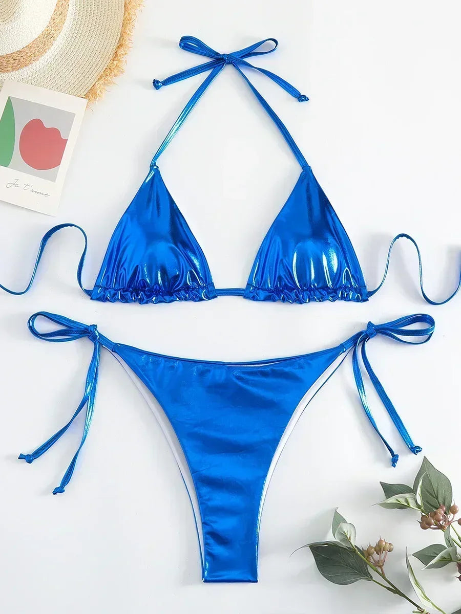 Sexy Shiny Pu Faux Leather Bikini 2025 Women Swimwear Female Swimsuit Two-pieces Bikini set String Bather Bathing Suit Swim Lady