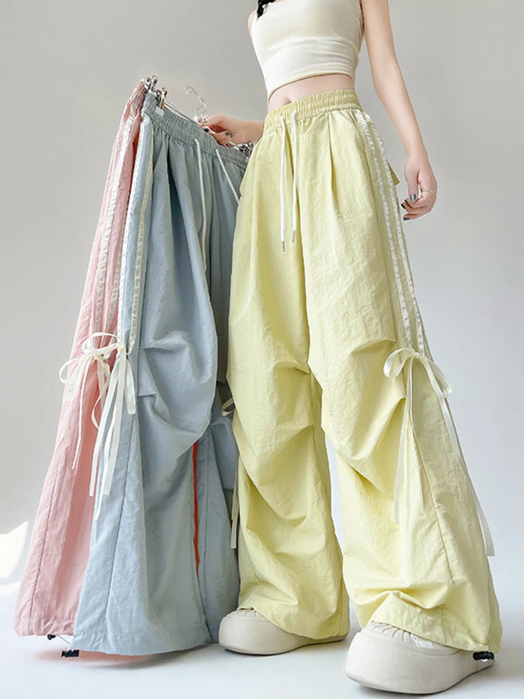 Zoki Dopamine Women Summer Pants Fashion Striped Bow Loose Multicolor Cargo Pants Casual Bf Ladies Trousers New