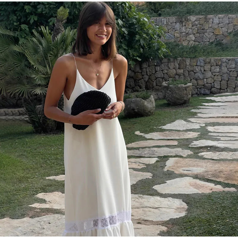 Elegant Women's Solid Backless Pleated Dress Fashion Patchwork Sleeveless Backless Long Dresses Lady Summer Holiday Beach Robes