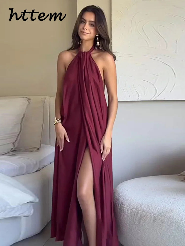 Elegant Halter Long Holiday Dress Women Loose Pleated Sleeveless Backless Slit Lace Up Party Dresses 2025 Summer Lady Beach Robe