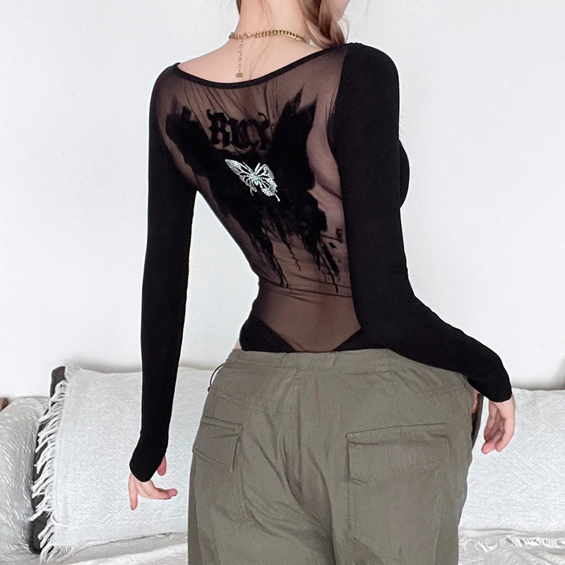 HEYounGIRL Gothic See Through Back Butterfly Print Rhinestone Bodysuit V-neck Long Sleeve Black Sexy Bodsuit Top Street Wear