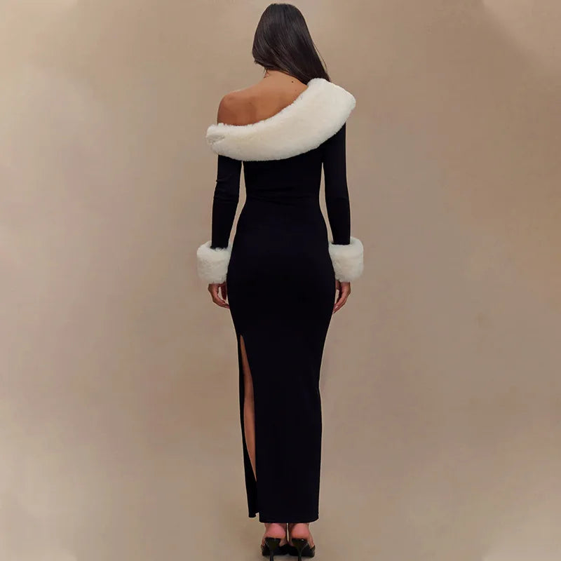 Tossy Fluffy Winter Slim Maxi Dress Female High Waist Long Sleeve Sexy Off-Shoulder Patchwork Bodycon Dress Ladies Party Dress