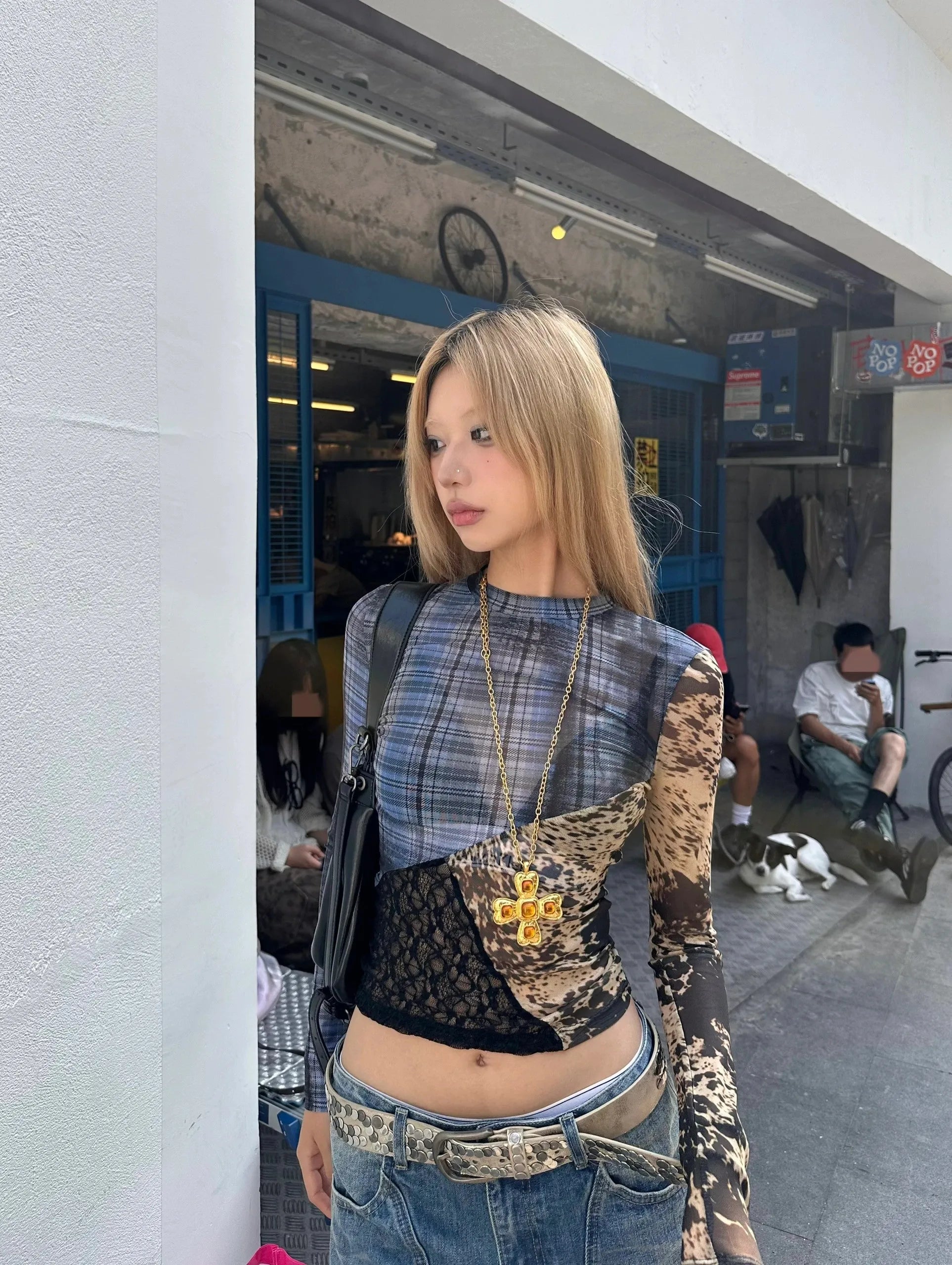 Karrram Japanese Y2k Patchwork Mesh Tops Trashy 2000s Lace Sheer Top Grunge Aesthetics Irregular T-shirt Vintage Harajuku Korean