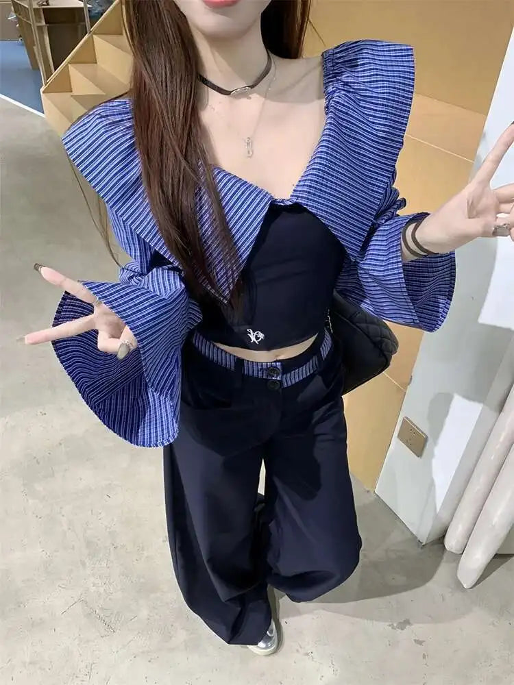 SHENGPALAE 2025 Spring New Contrast Color Slash Neck Pullover Women Straight Loose Ankle Length Pants Fashion Clothing 5ZD1278