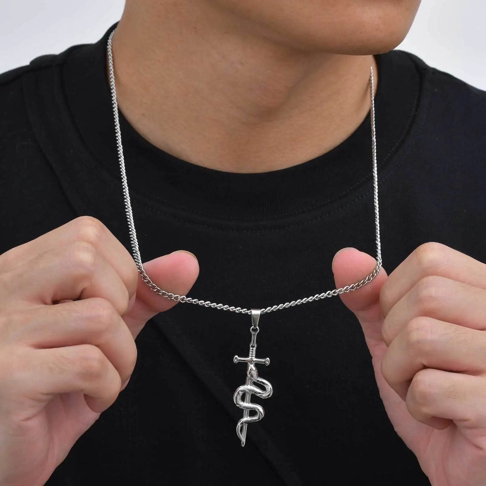 Punk Sword Necklace for Men Boys,Cross Snake Pendant Necklace with 60CM Cuban Chain,Gothic Jewelry Gift