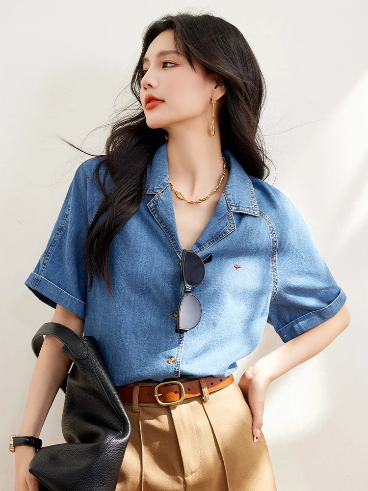 Casual Denim Shirts For Women 2024 Fashion Vintage Short Sleeve Loose Shirt Korean Style Single-Breasted Commuting Tops