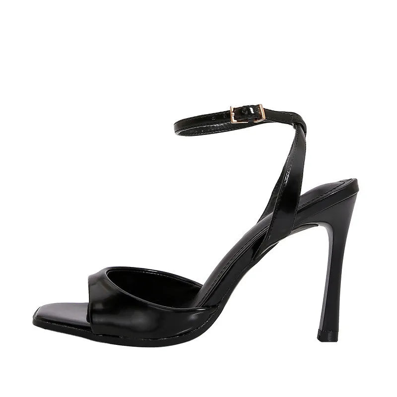 Black Patent Leather Ankle Strap Buckle Heeled Sandals Women Sexy Square Open Toe High Heels Summer Elegant Party Office Shoes