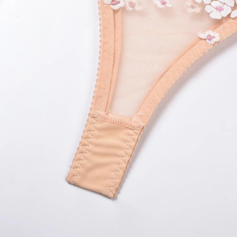 Floral Embroidered Sheer Lingerie Set Underwire Push Up Bra Thong Garter Belt See-Through Corset for Bridal Night Boudoir