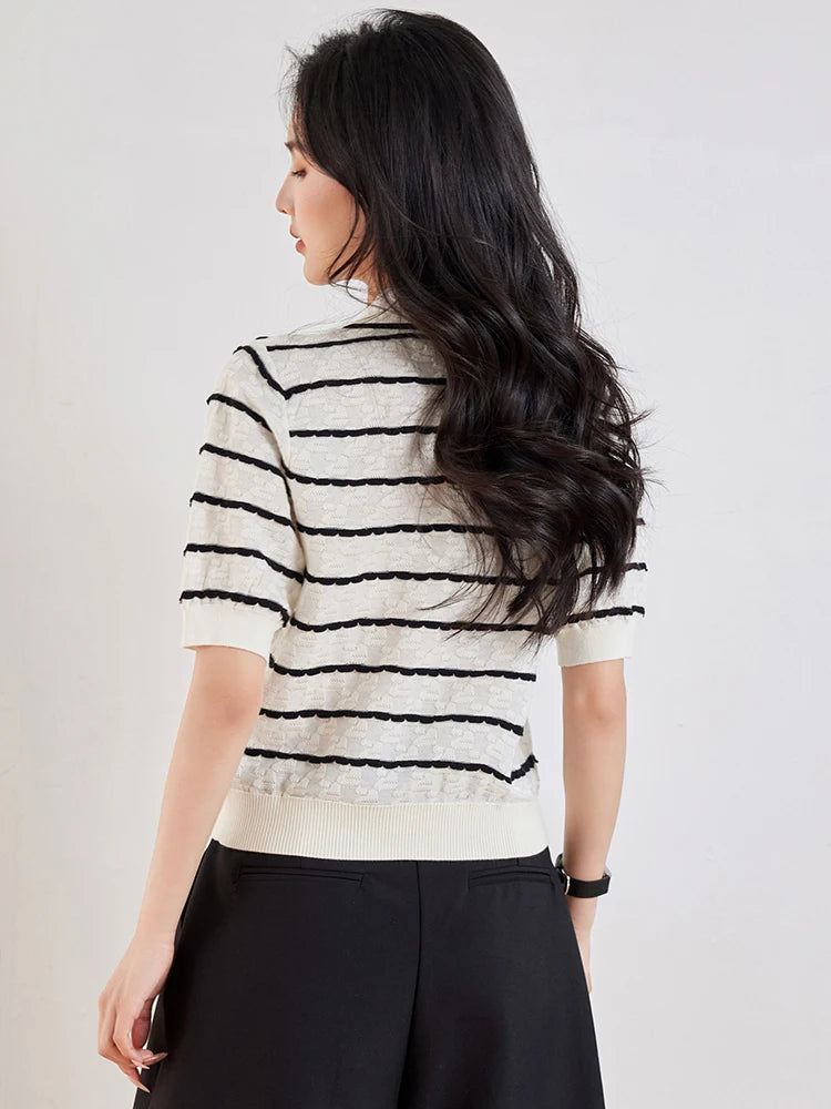 Striped Knitted Cardigan Sweater Women Short Sleeve Single-breasted Tops Jumpers 2024 Spring Stylish Fashion Chic Outwear