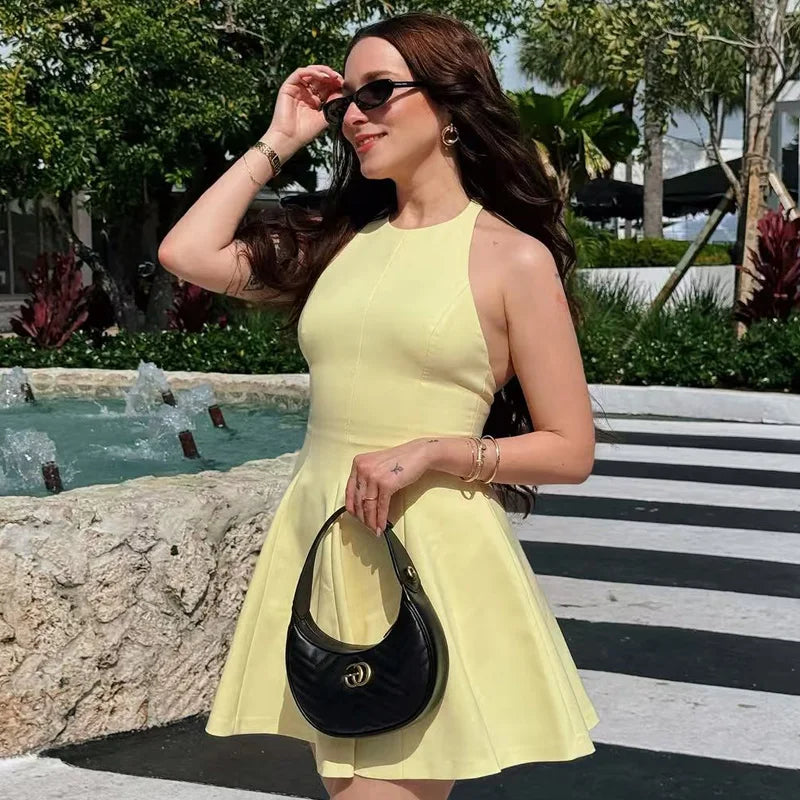 TRAF Halter Short Dress Womens Dresses Red Yellow Dress Woman Summer 2025 Ruffled Backless Sleeveless Vestidos Elegant Dress 066