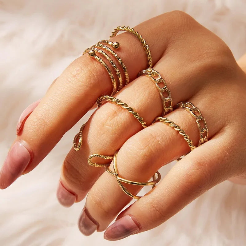Vintage Shiny Zircon Butterfly Heart Ring Set Gold Color Boho Elegant Eyes Moon Geometric Rings Women Party Jewelry