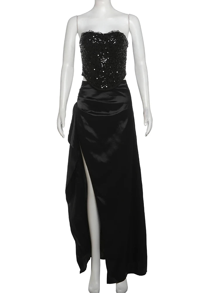 Weird Puss Prom Elegant 2 Piece Set Women Sequins Patchwork Backless Tube Tops+Ruched Slits Long Skirts Matching Sexy Trend Suit