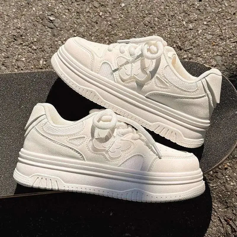 Summer Thick Bottom Casual Sports Shoes Women's New Style Breathable PU Material Comfortable All-Match Chic White Sneakers