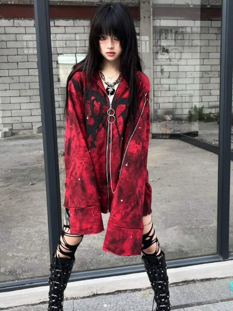 Y2k Aesthetic Printing Punk Hoodies Women Grunge Loose Pocket Oversized Hooded Hoody Harajuku Streetwear Emo Zipper Sweatshirts