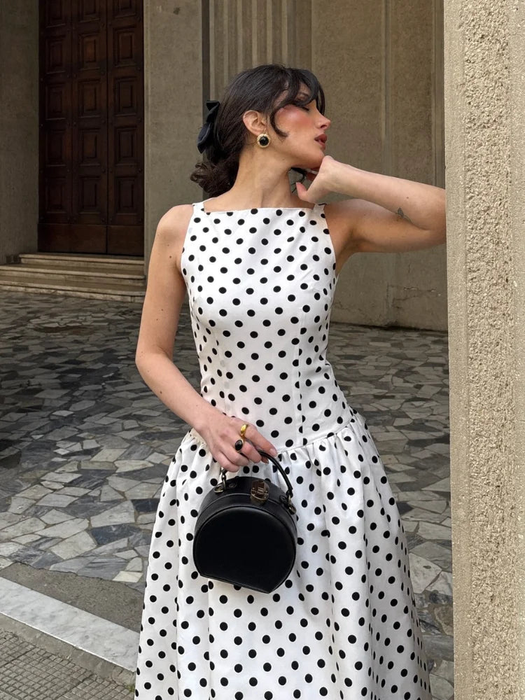 Elegant Women Polka Dot Maxi Dresses Chic Sleeveless Round Neck High Waist Slim Long Vestidos 2025 Lady Party Street New Dress