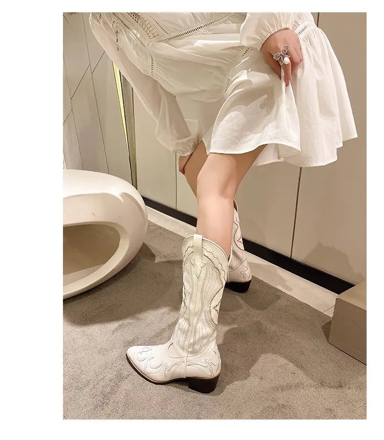 Women's Embroidered Western Mid Calf Boots Cowboy Square Heels Boots Pointed Toe Platform Boots Women Western Shoes Plus Size 42