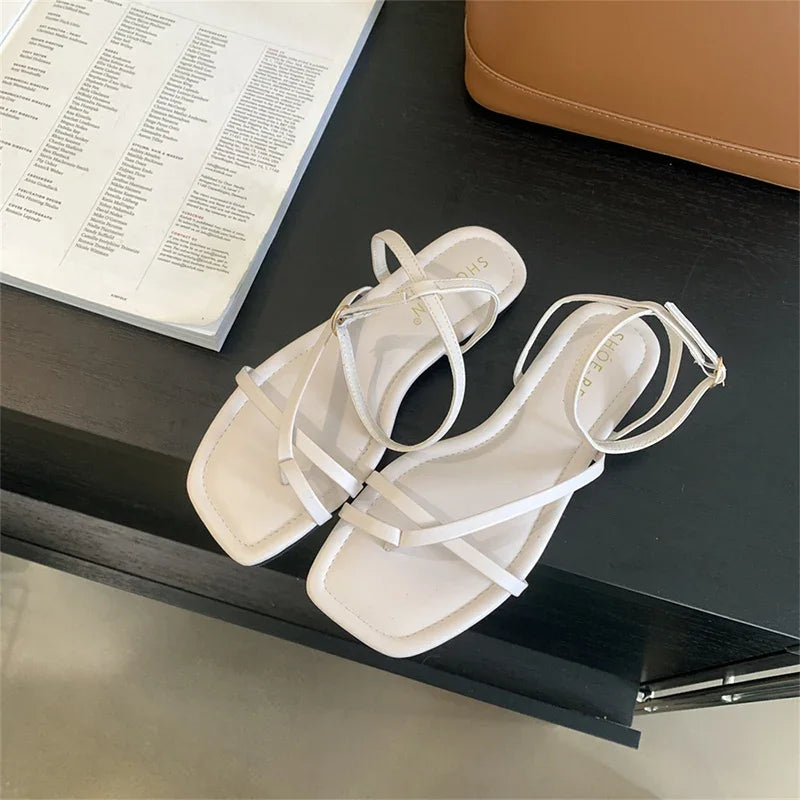 2025 Summer Gladiator Women Sandals Fashion Elegant Narrow Band Clip Toe Shoes Ladies Comfort Flats Beach Sandalias