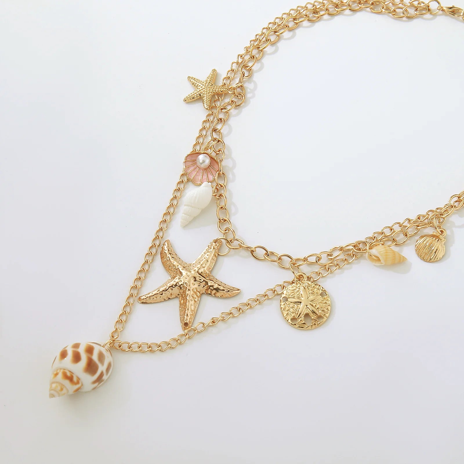 MHS.SUN Summer Shell Starfish Conch Pendant Necklace for Women Bohemian Metal Gold Color Chic Beach Jewelry Vacation Party Gift