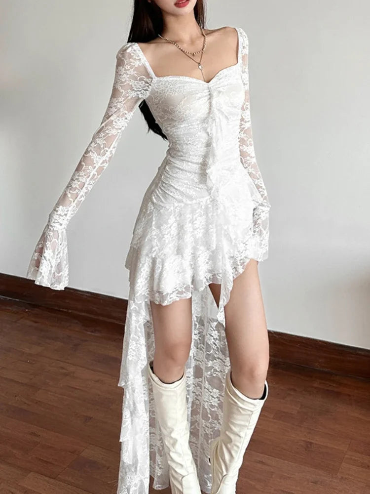 AltGoth Mall Goth Fairycore Dress Women Vintage Aesthetic Elegant Sweet Sexy See Through Irregular Hem High Waist Corset Dress