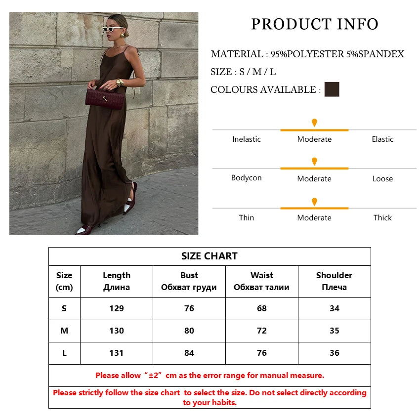 Clacive Fashion Loose Brown Satin Womens Dresses 2025 Summer Strap Sleeveless Floor Length Dress Sexy Backless Female Dress