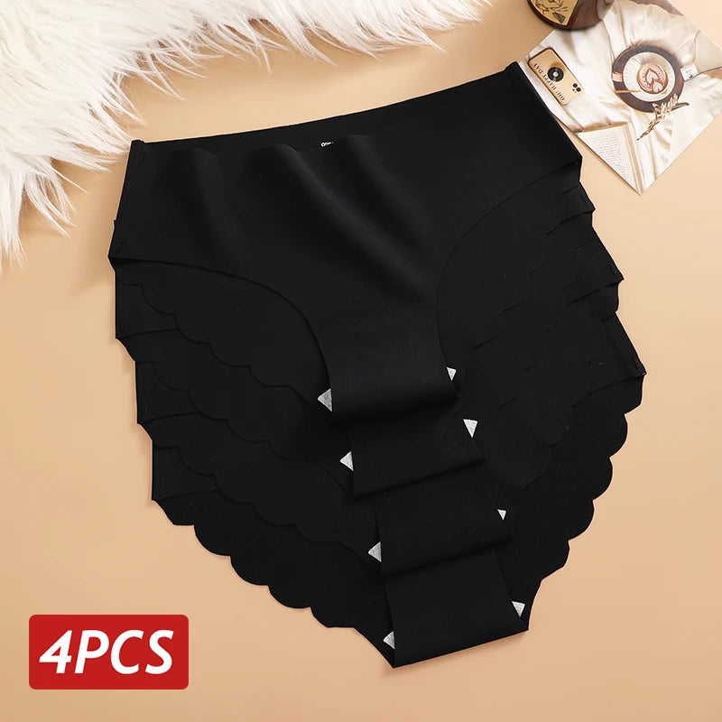 Ice Silk Seamless Panties 4PCS/Set Women's Briefs Solid Color Elastic Underwear Female Ultra Thin No Trace Wavy Side Panties