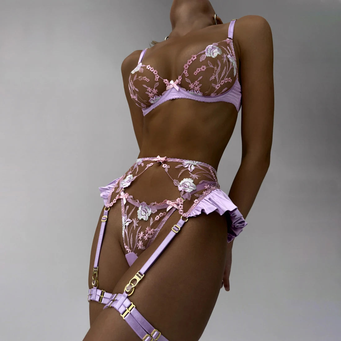 Sexy Lingerie Set Women Ruffle Embroidery Push Up Bra Sheer Thongs Garter Belt 4-Piece Erotic Underwear Transparent Outfits