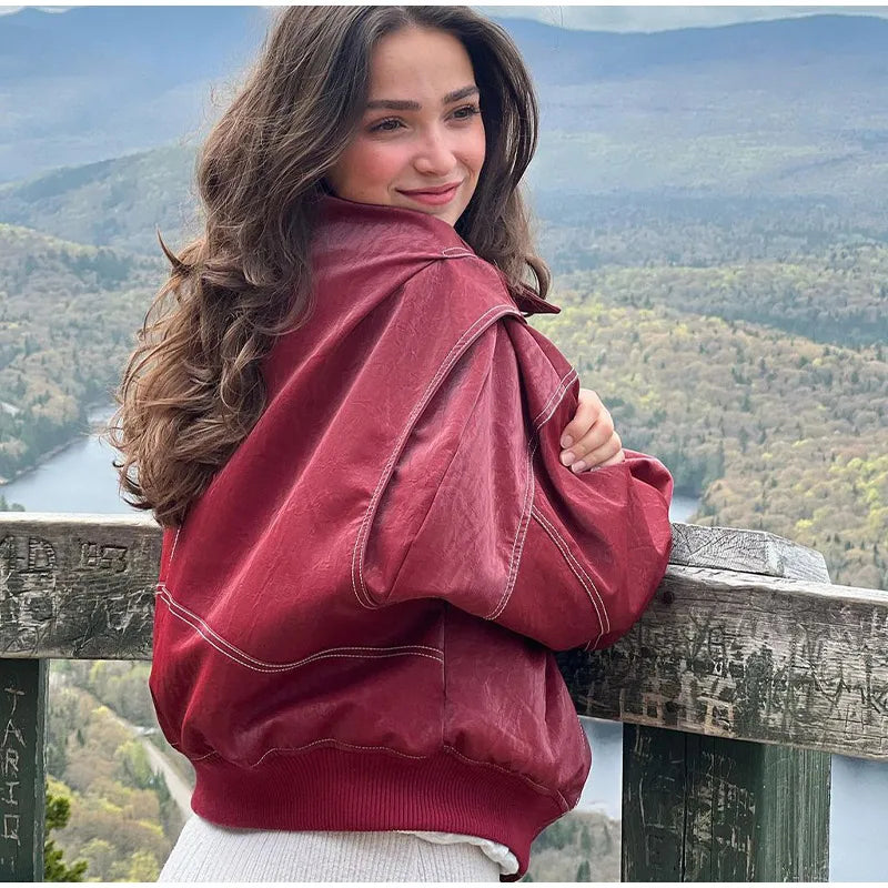 Fashion Green PU Leather Jacket Women Laple Zipper Loose Full Sleeve Single Breasted Cropped Coat 2024 New Lady Solid Streetwear