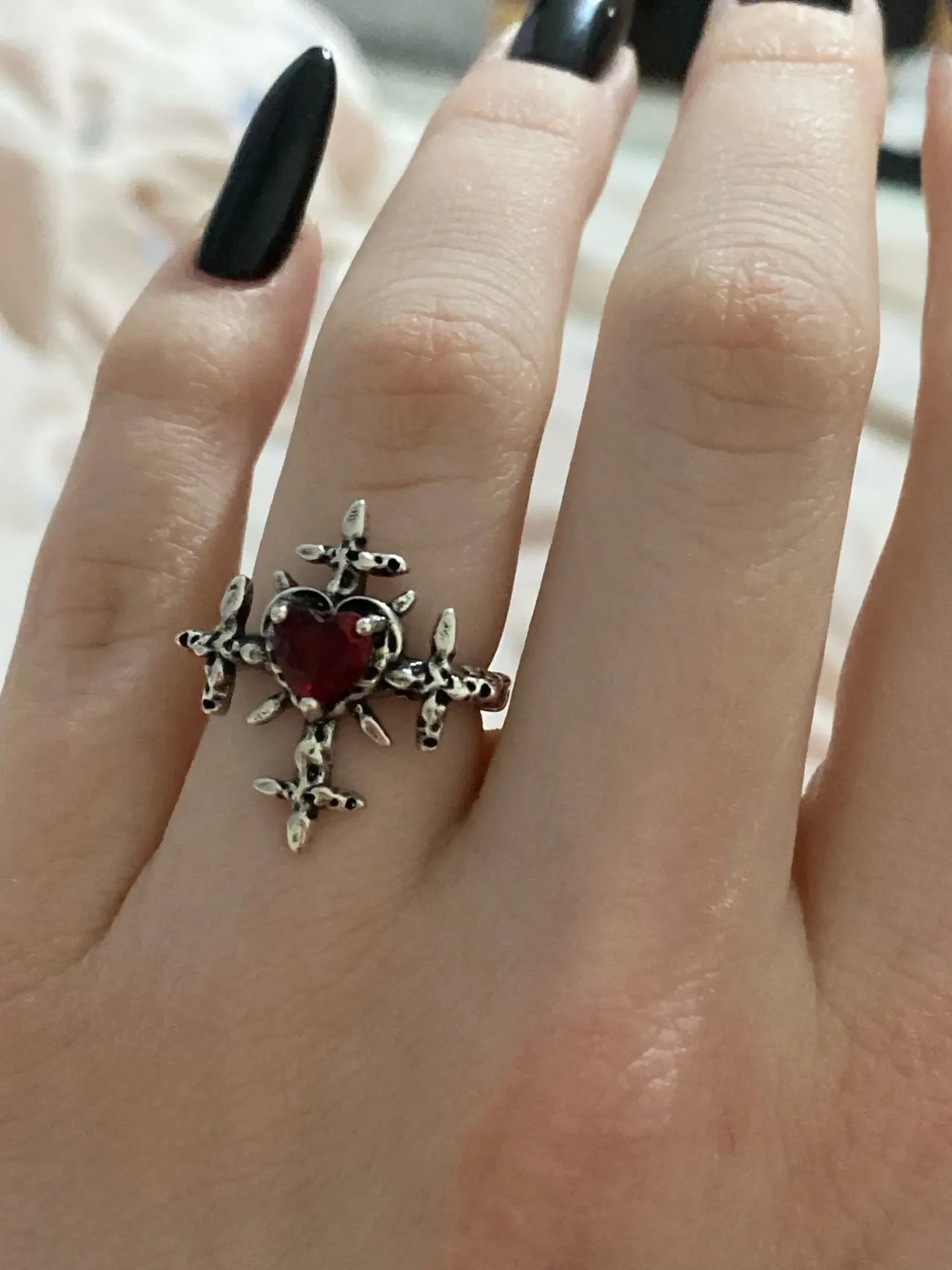 Goth Punk Retro Red Crystal Love Heart Cross Geometry Irregular Open Ring Set Y2K Halloween Accessories For Women Kpop Jewelry