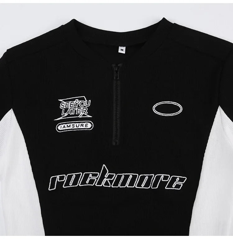 Summer New Pure Desire Spicy Girl Patchwork Contrast Color Embroidery Slimming Zipper Short Sleeve T-Shirt Women's Top