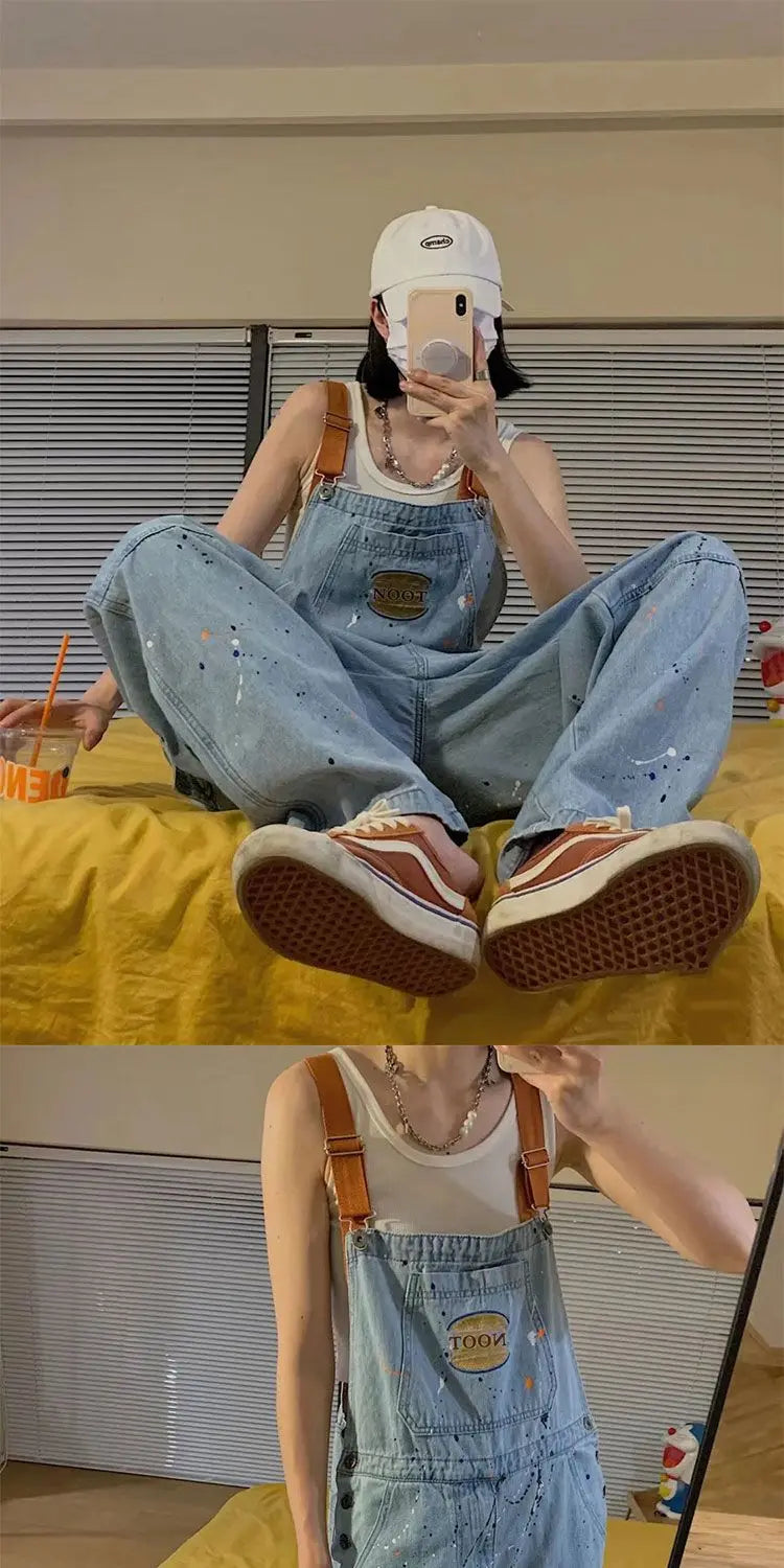 Cool Girl Style Embroidered Spicy Ink Denim Strap Jumpsuits Women's Autumn/Winter Large Loose and Slim Retro One Piece Pants