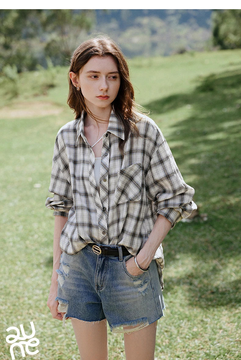 TOYOUTH Women Long Sleeve Blouse Shirt 2025 Spring New Cotton Plaid Retro Turn Down Collar Casual Shirt Tops