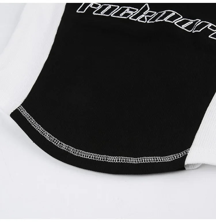 Summer New Pure Desire Spicy Girl Patchwork Contrast Color Embroidery Slimming Zipper Short Sleeve T-Shirt Women's Top