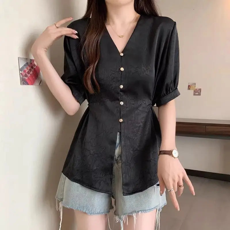Women Clothes Summer Fashion Korean Button Solid Color V-neck Puff Sleeve Female Simplicity Elegant Temperament Short Sleeve Top