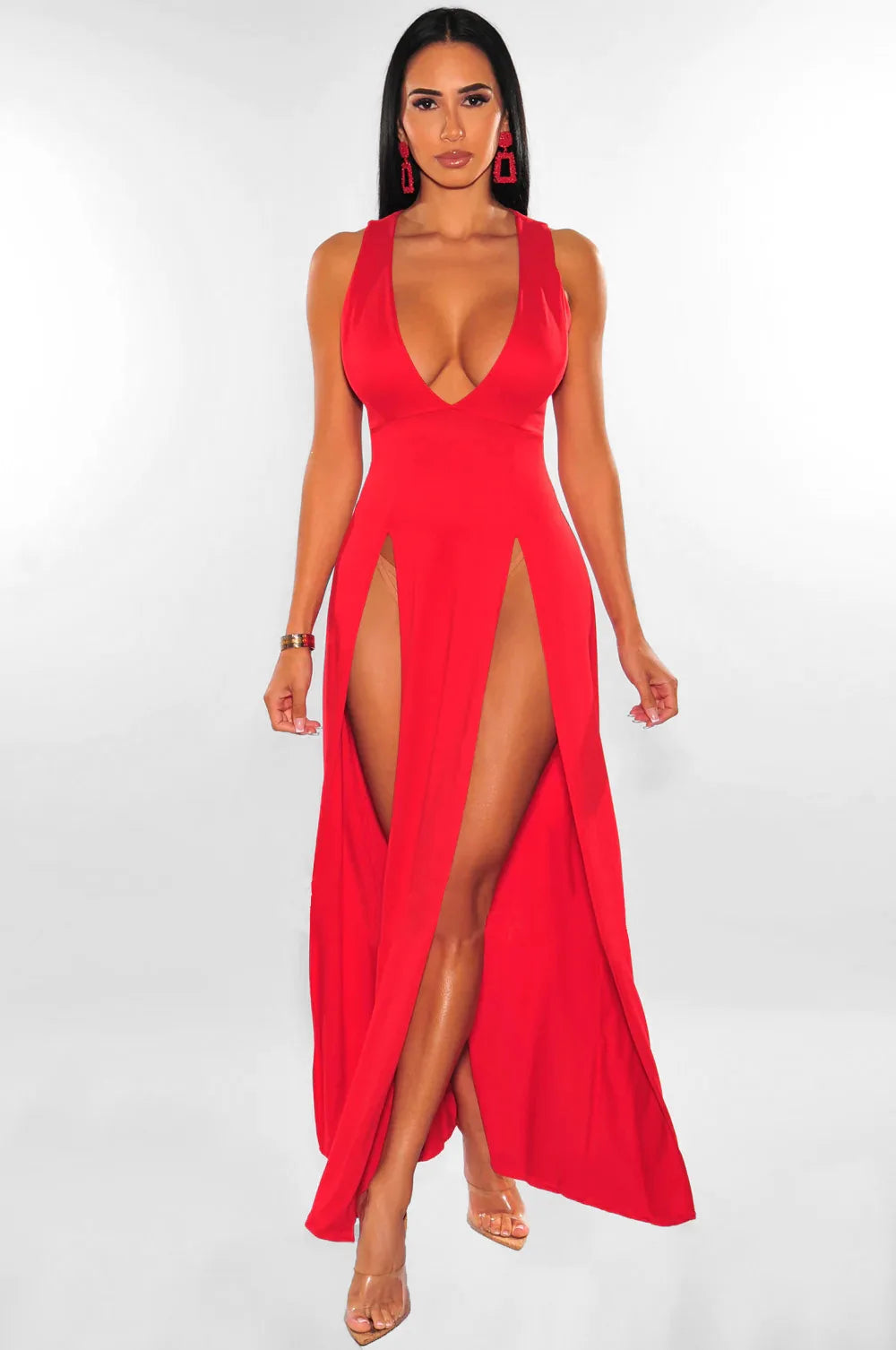 Womens Side Split Deep V Neck Bodycon Clubwear Maxi Vest Dress Sexy Sleeveless Bandage Slim Evening Cocktail Party  Long Dress