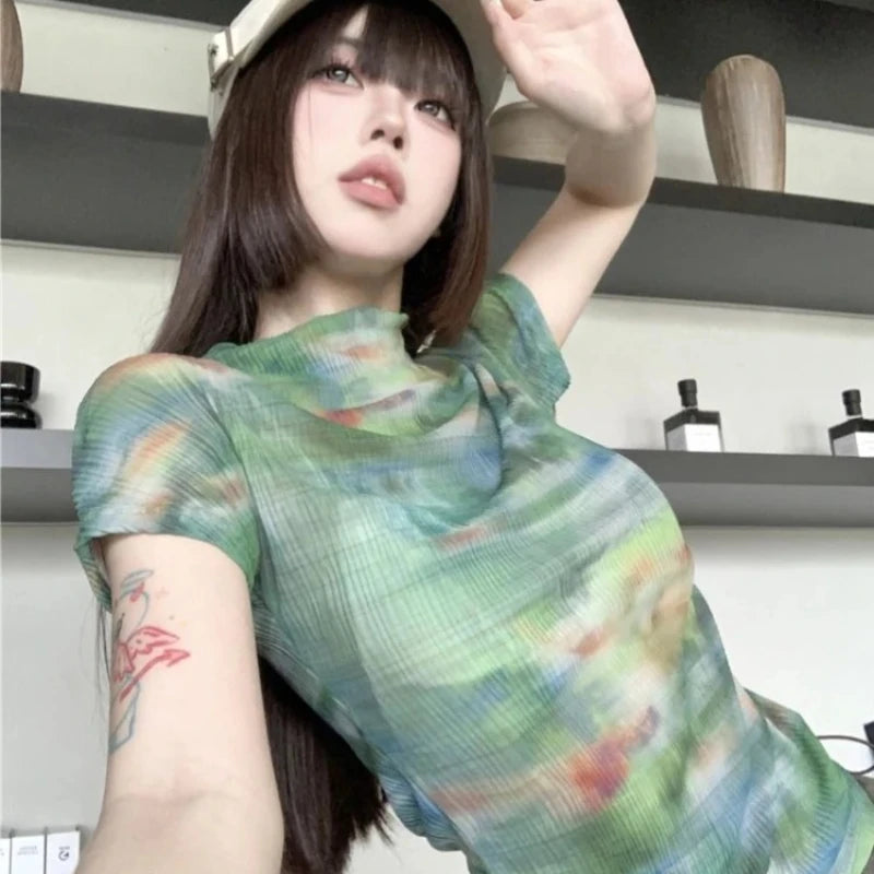 Turtleneck Woman Tops Tie DyeT Shirt for Women Japanese Vintage Fashion Korean Reviews Many Clothes Harajuku Clearance Basic