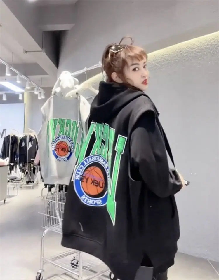 Oversized Hooded Sweatshirt Vest Female Hip Hop Streetwear Sleeveless Jacket 2023 New Cardigan Outerwear Korean Fashion Casual