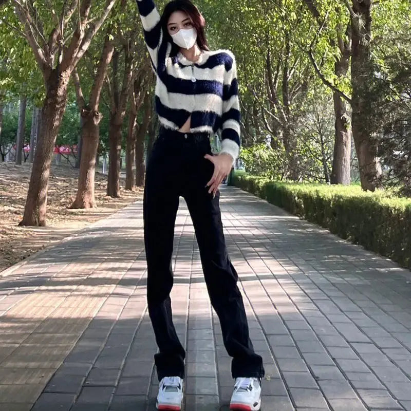 Letter Hot Diamonds High Waited Jeans Woman Street Fashion Baggy Jeans Women Clothing Casual Versatile Pants Women