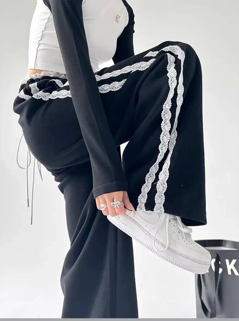Trendy Casual Wide Leg Pants Women's Autumn Winter High Waist Splicing Lace Trim Drapey Slimming Sporty Trousers