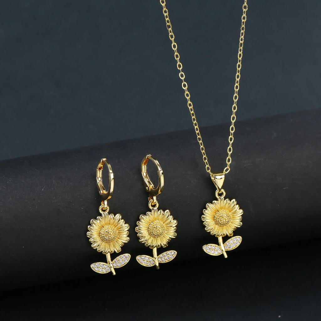 7 Style Classic Gold Plated Botanical Sunflower Pendant Necklace Earrings Jewelry Set New Trend Women Casual Party Jewelry Gift