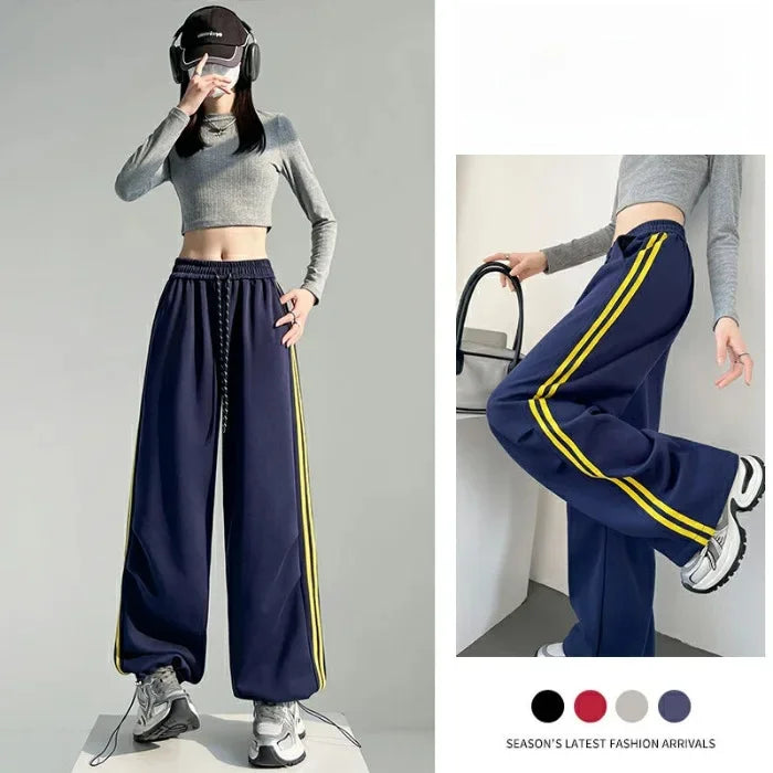 New 2025 American Stripe Sports Pants Women's Spring Autumn Wide Leg Loose Jazz Dance Casual Parachute Long Trousers