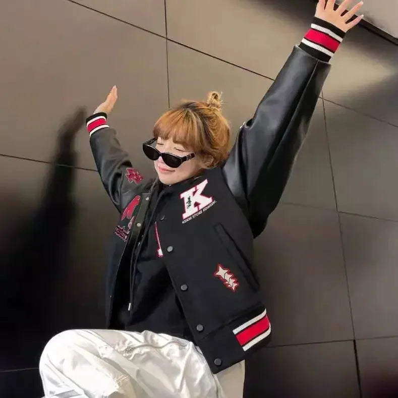 American high street embroidery baseball jacket Y2K retro autumn and winter stitching design men's and women's motorcycle jacket